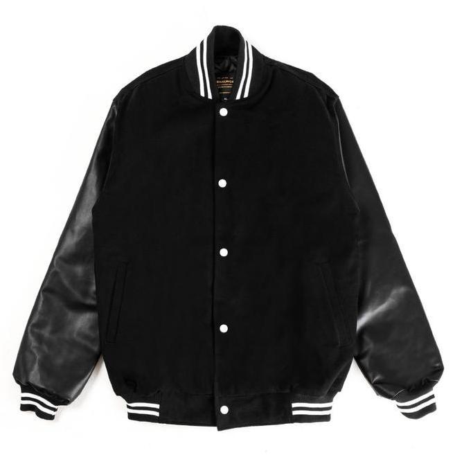 PREMIUM / ETERNALWORKS BASIC BLACK X BLACK VARSITY JACKET - JAKET VARSITY CASUAL - BIG SIZE Formal