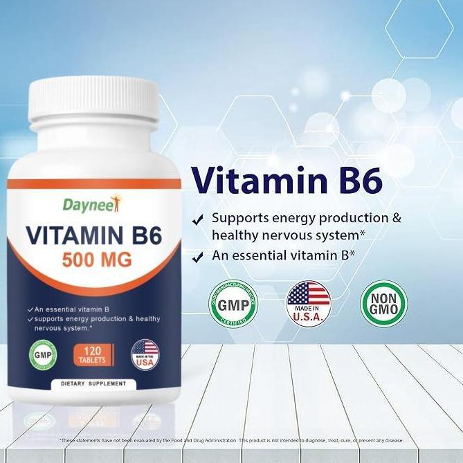 Vitamin B6 (Pyridoxine HCI), 500 mg 120 Tablet Vegetarian untuk Meningkatkan Produksi Energi dan Men