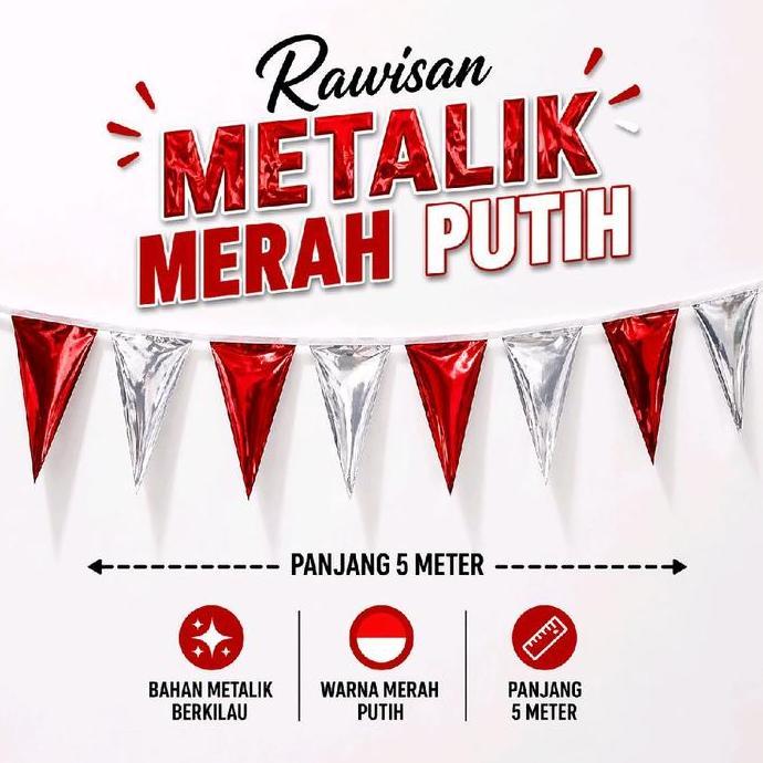 PREMIUM / rawisan metalik merah-silver, 17agustus, kemerdekaan, hiasan perayaan, HUTRI