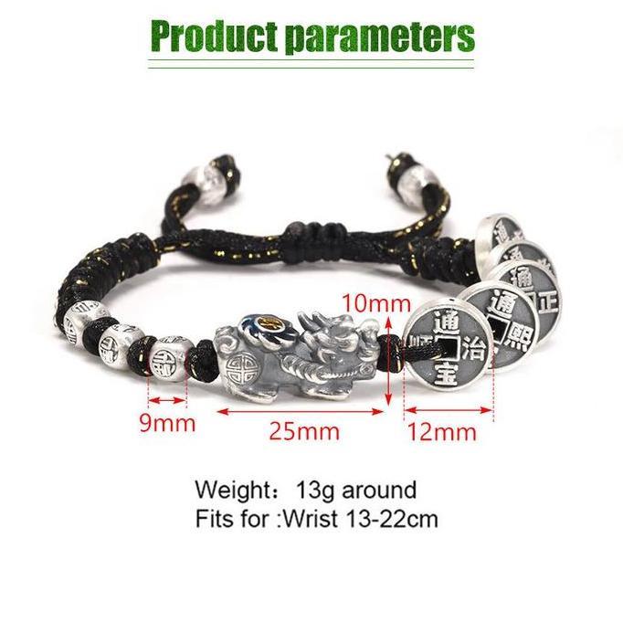 MATSURIKO Gelang Pixiu Titanium Tali Hitam Pria Feng Shui Asli Perak Pixiu Gelang Keberuntungan Chin