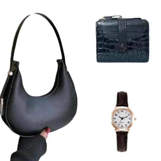 DF31 >> Paket Hemat Tas Wanita Bulan Sabit, Dompet Genie, Jam Tangan Small Kulit Wanita - Miniso Teb