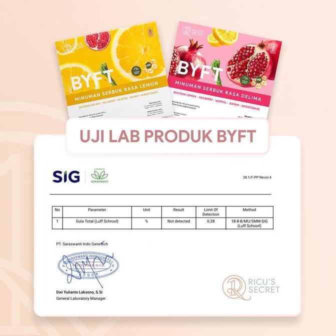 [PROMO SPESIAL LIVE] RICU'S SECRET 1 Box BYFT Minuman Serbuk Rasa Lemon atau Delima Zero Sugar