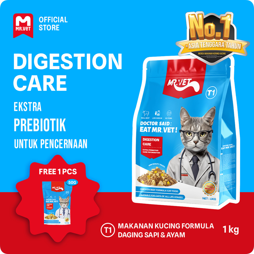 Mr. Vet - Makanan Kucing Kering Mr.Vet 1KG T1 Digestion/T2 Hair & Skin/T3 Urinary/T4 Cat Indoor Care