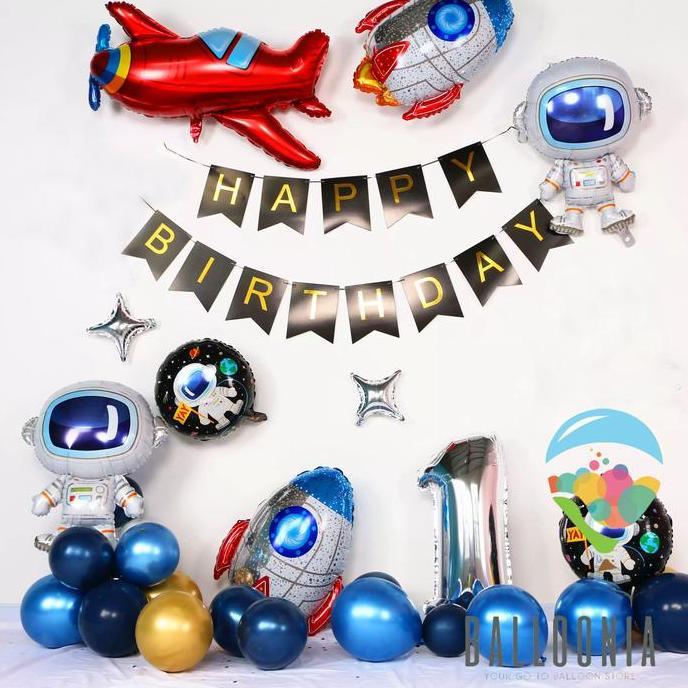 Set Foil Balloon Birthday Rocket Banner | Balon Dekorasi Ulang Tahun GM