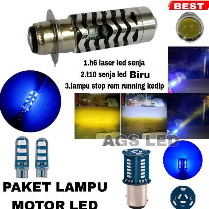 Paket Lampu Motor Led H6 Laser Senja Lampu  Senja Diam Biru Dan Lampu Stop Led Running Kedip