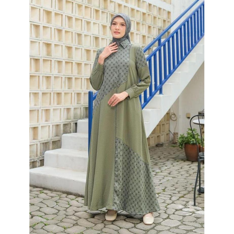Korina Dress Terbaru Bahan Katun Gamis Motif Printing Dewasa Muslim Wanita Cantik Formal