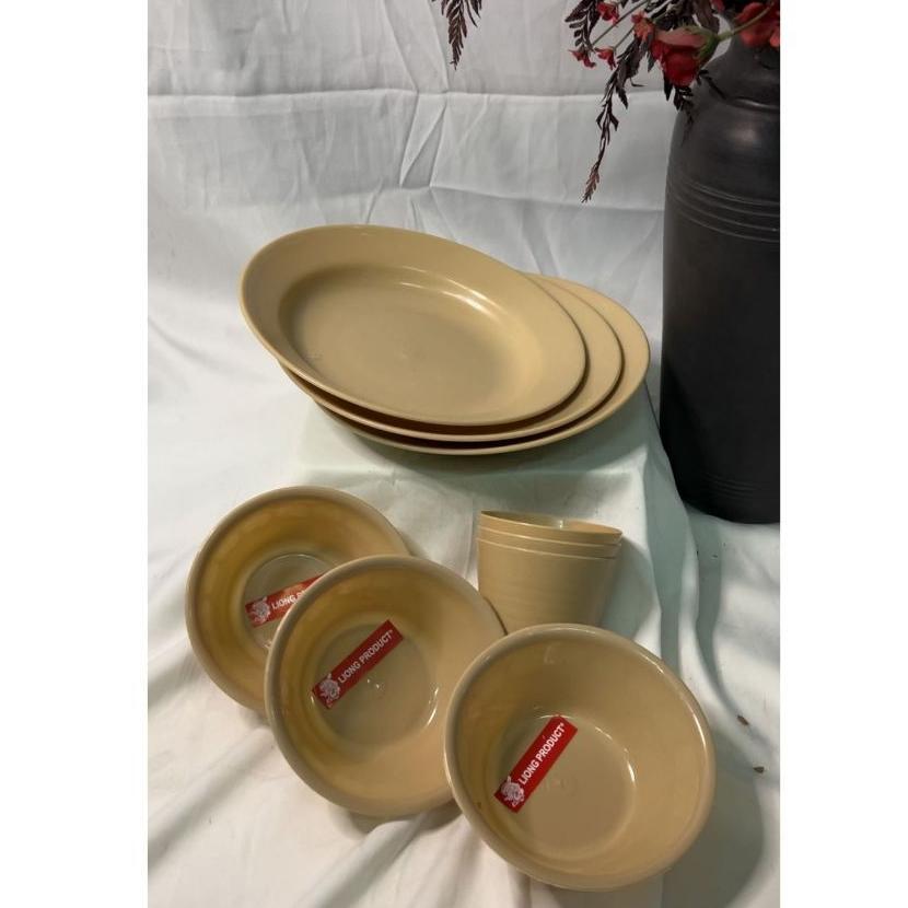 HEMAT ( 9 PCS ) SET PIRING MANGKOK GELAS PLASTIK / PIRING SET MANGKOK GELAS CREAM