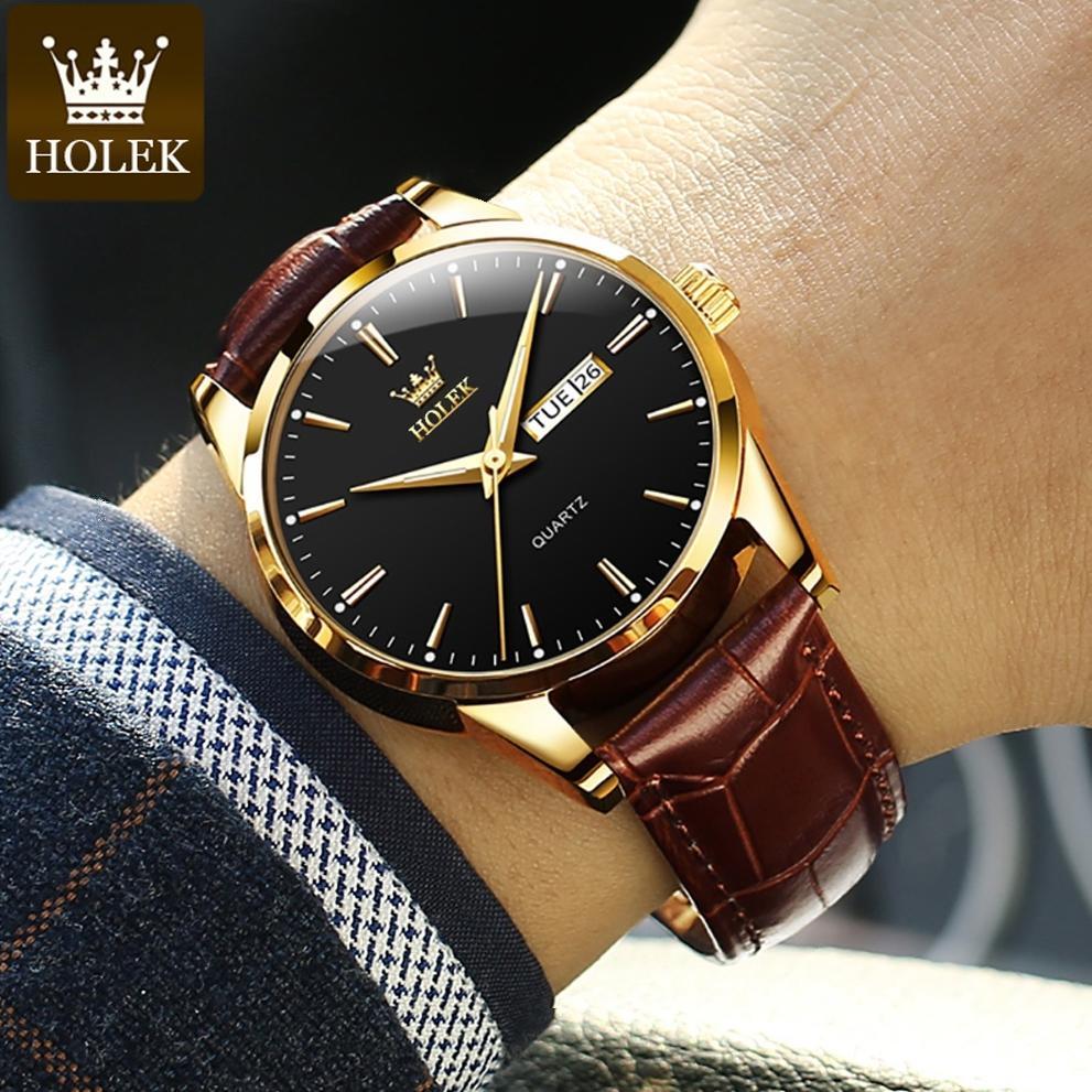 HOLEK H001 Jam Tangan Couple Pasangan Anti Air Luxury Fashion Tali Kulit Dewasa Watch+Kotak Gratis