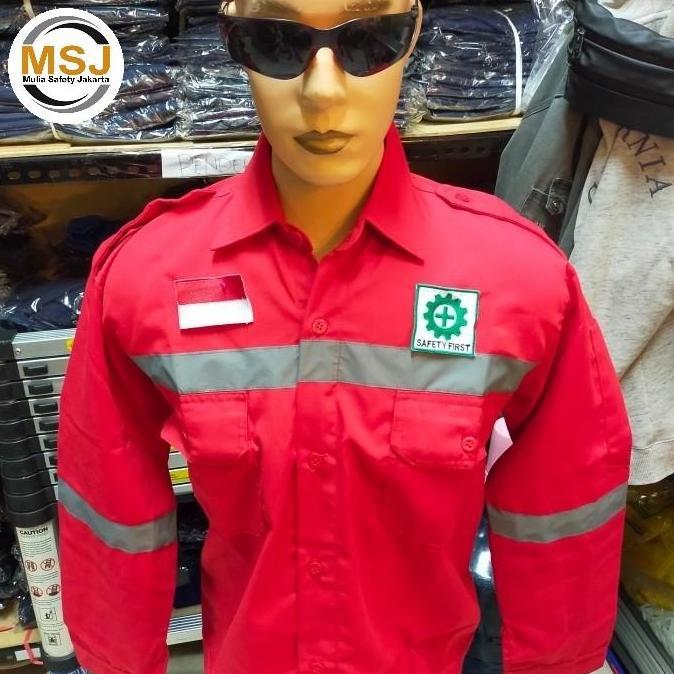 baju seragam kerja safety merah / baju atasan kerja safety+ logo k3