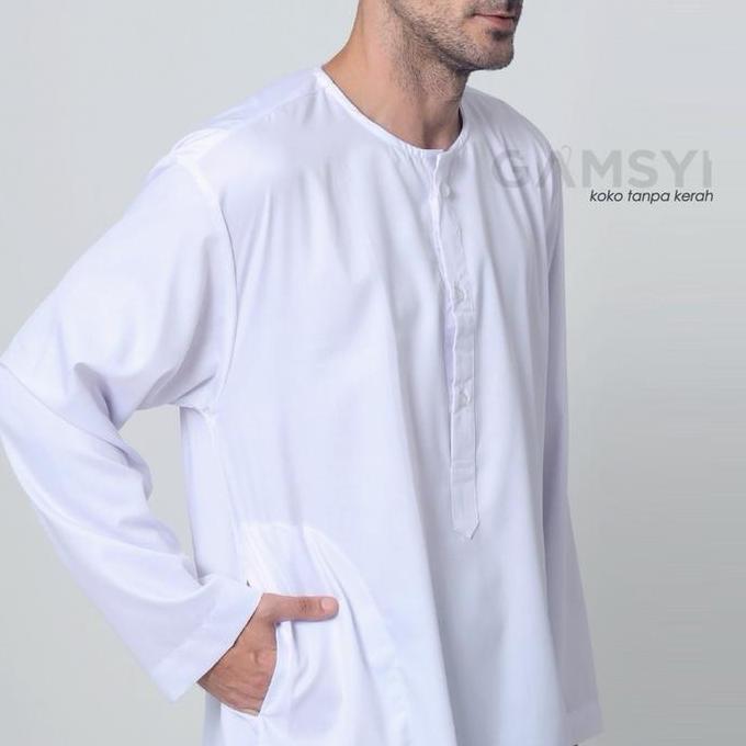 DEAL TERBAIK - Baju Koko Putih tanpa kerah Polos lengan panjang  Katun premium adem  Nyaman saat dip