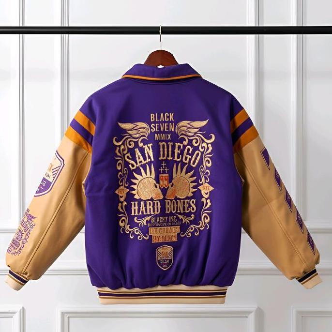 VARSITY JACKET SAN DIEGO HARD BONES PURPLE CREAM | JAKET BASEBALL KERAH BORDIR ORIGINAL UNISEX Nyama
