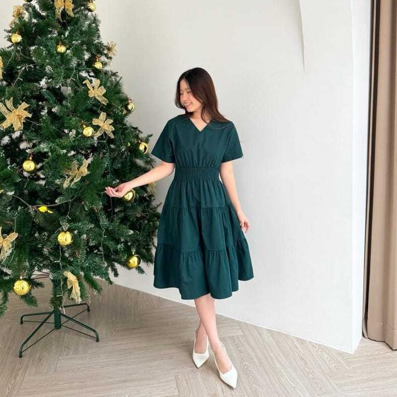 Hot Deals Vera Midi Dress | Baju Dress Natal Christmas Maroon Emerald