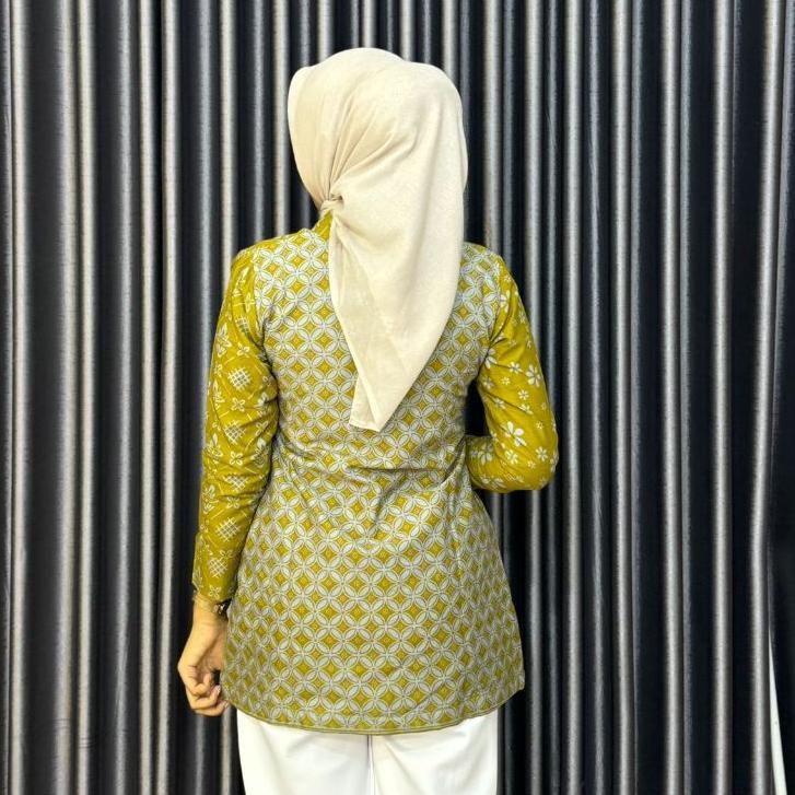CUCI GUDANG Tunik Pendek Batik Wanita Lapis Trikot Motif ROMECCA LEMON - Atasan Kerja Wanita Kuning 