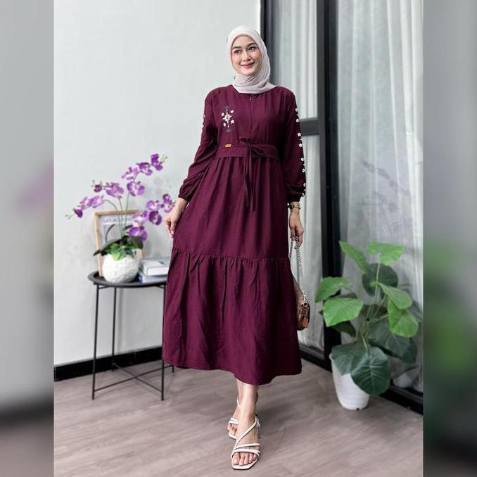 PR0M0 Arni Busana - Shakira Midi Dress Bahan Pololinen Motif Bordir Bunga Model simple Cantik Nyaman