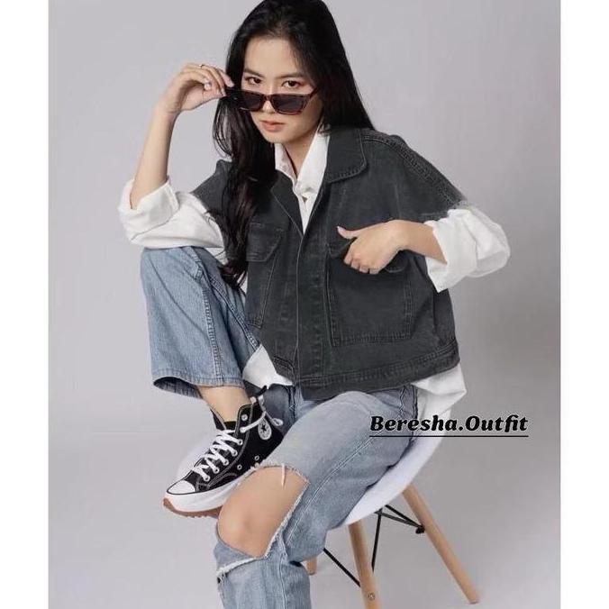 PR0M0 Atasan Jeans Wanita Outer Vest Denim Ld 120 Jumbo Bahan Jins Premium Model Korean Style Jumbo 