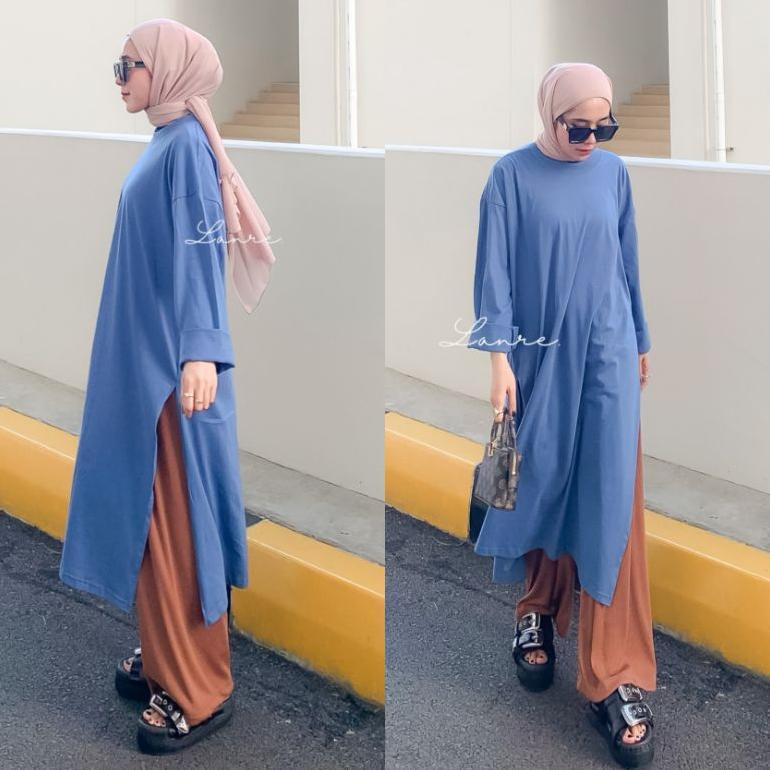 Nuna Tunik Busui - Midi Dress Busui High Slit - Tunik Jumbo Bahan Kaos - Atasan Warna Putih Agustusa