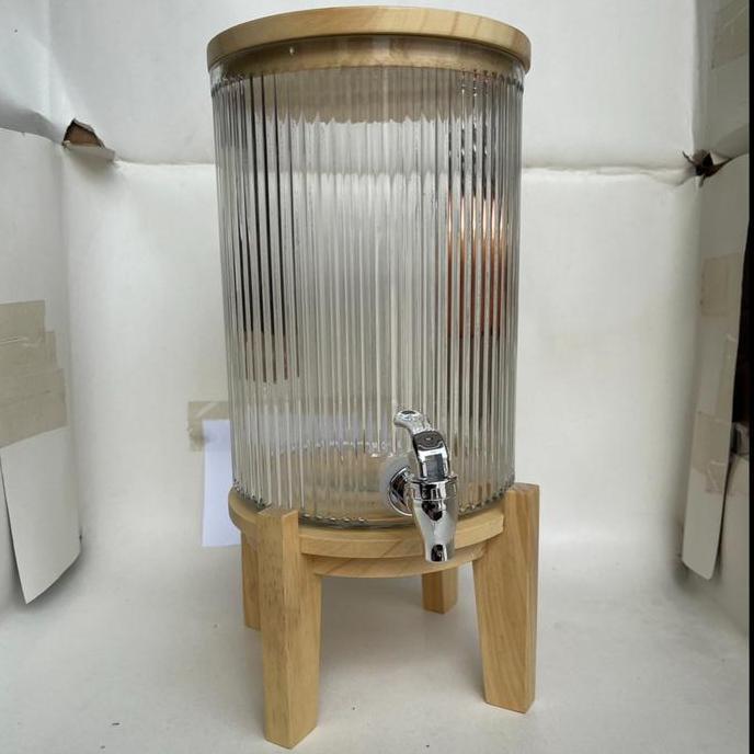 Galon / dispenser kaca estetik Cranberry 5 liter tutup kayu + kaki kayu