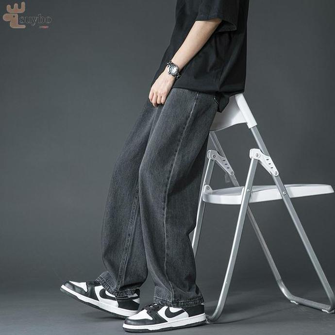 Suyboy Celana Jeans pria Basic Loose Denim Baggy Pants Wide Leg Gombrong Jeans panjang pria