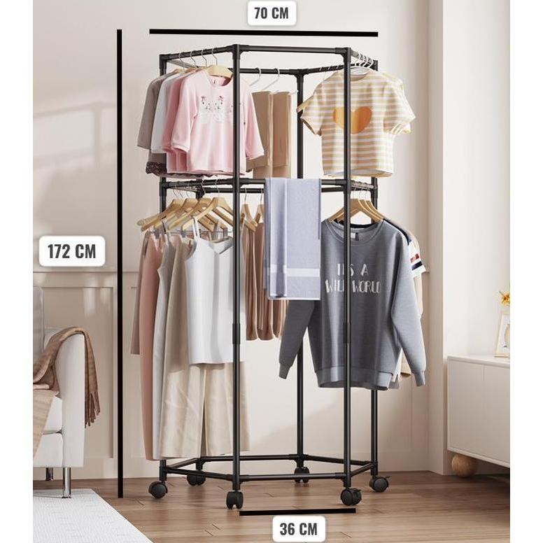 Rak Gantung Baju Besi Putar Rotasi 360Stand Hanger Dengan 6 Roda / Rack Jemuran Bulat Jumbo Pakaian 