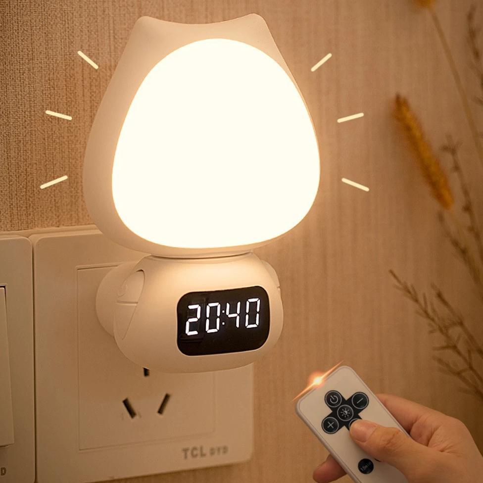 Lampu Tidur Model Kucing LED Wireless Lampu Tidur Jam Remote Digital Rechargeable
