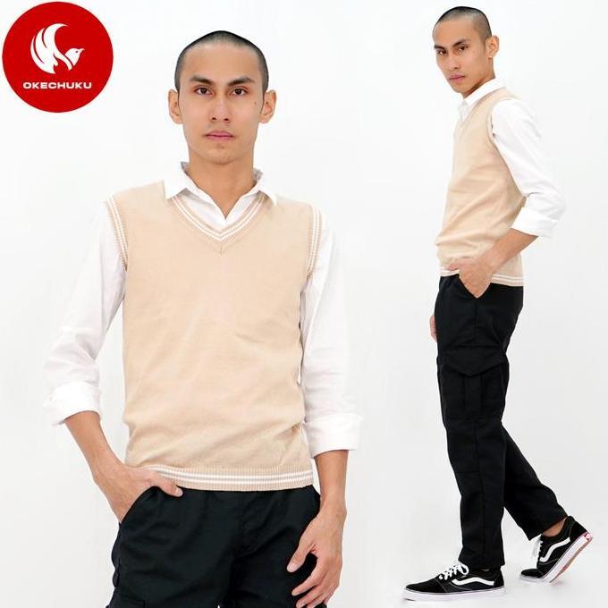 Okechuku Rompi Rajut Pria Vest Rajut Pria KREM LIST PUTIH Vest Pria