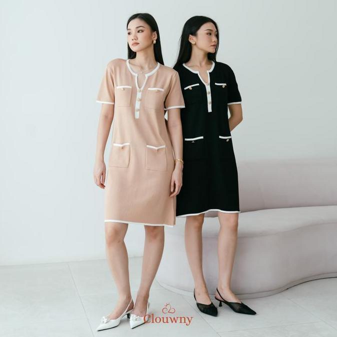 Clouwny Ventura Knit Dress Wanita Lengan Pendek Simple Elegant Premium Knit Fit to XXL Gaun Midi Bas