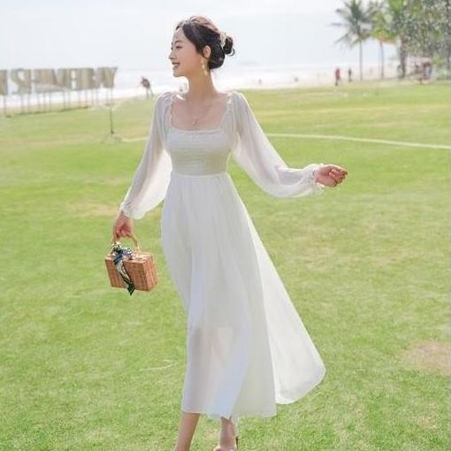 TERMURAH - FAIRY white sabrina midi dress long sleeve woman premium / korean summer dress / beachwea