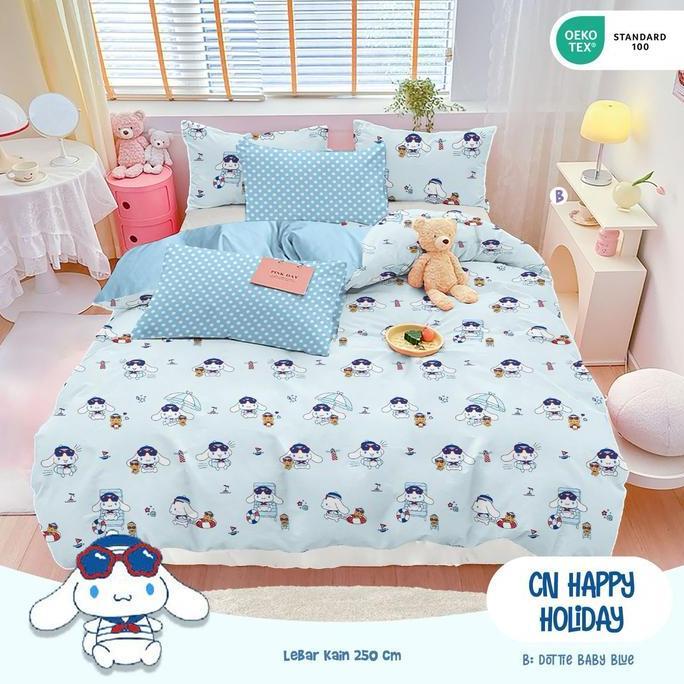 SUPER DEAL - Sprei Katun Lokal Motif Cinnamoroll Esra Star Biru Pink Bantal Guling - cinamorol