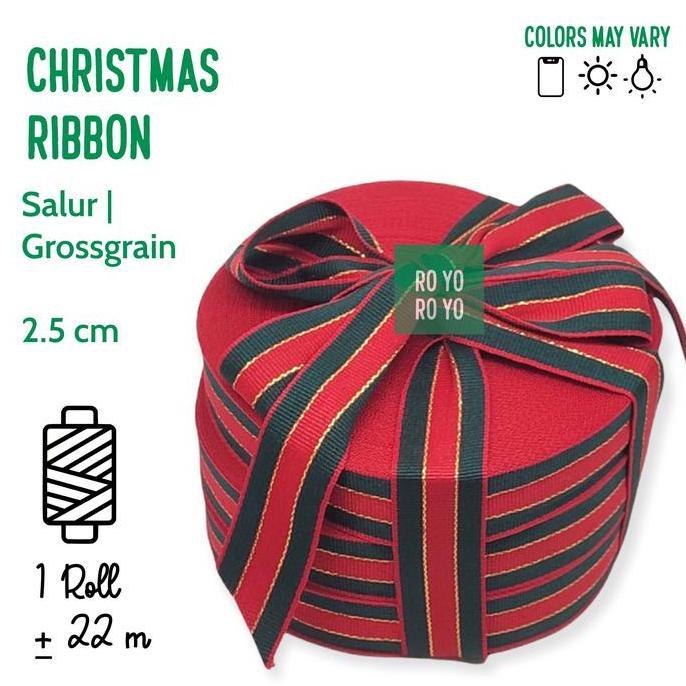 Confezione- Ribbon By Roll - Pita Natal Merah Hijau Emas Salur | Grossgrain