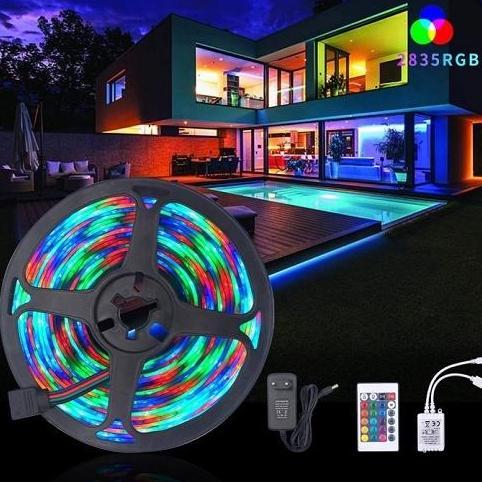 LAMPU LED STRIP RGB WARNA WARNI IP 44 3528 DC 12V 3A 5 METER KOMPLIT SET ADAPTOR REMOTE LAMPU HIAS D