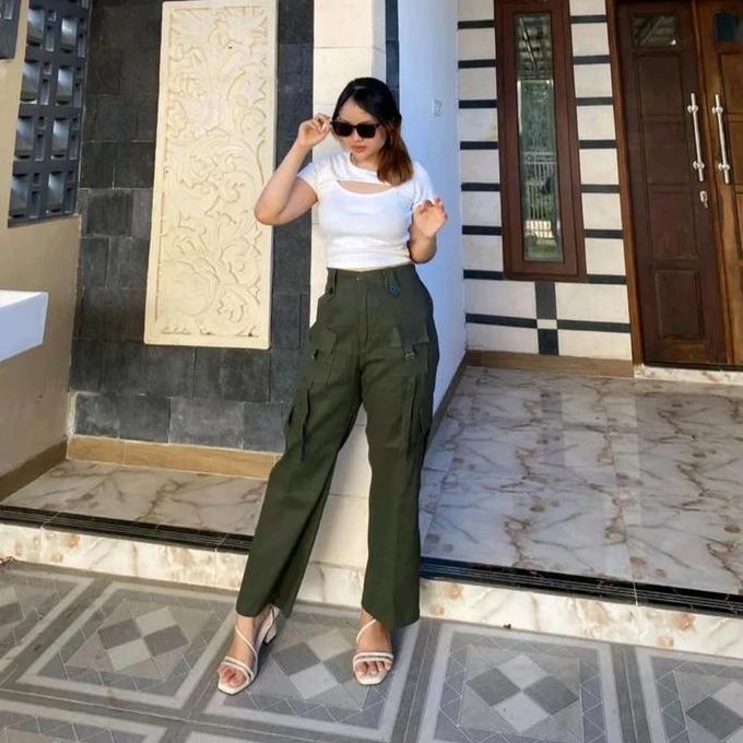 Olivia celana kulot cargo stretch  katun twill// kulot cargo wanita haigwais kekinian