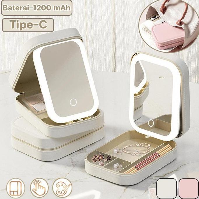 Tas Kosmetik dengan Cermin Lampu LED Tas Makeup Beauty CaseTas Kosmetik Beauty Case Mirror Lipat Min