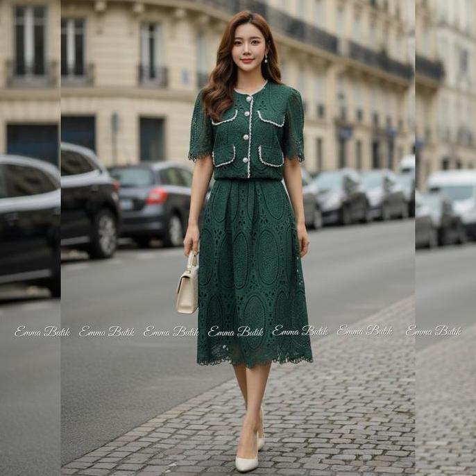 Setgirl- Emma.Butik E00560 Setelan Brokat Rok Midi Wanita Pesta Lengan Pendek Wisuda Remaja Atasan B