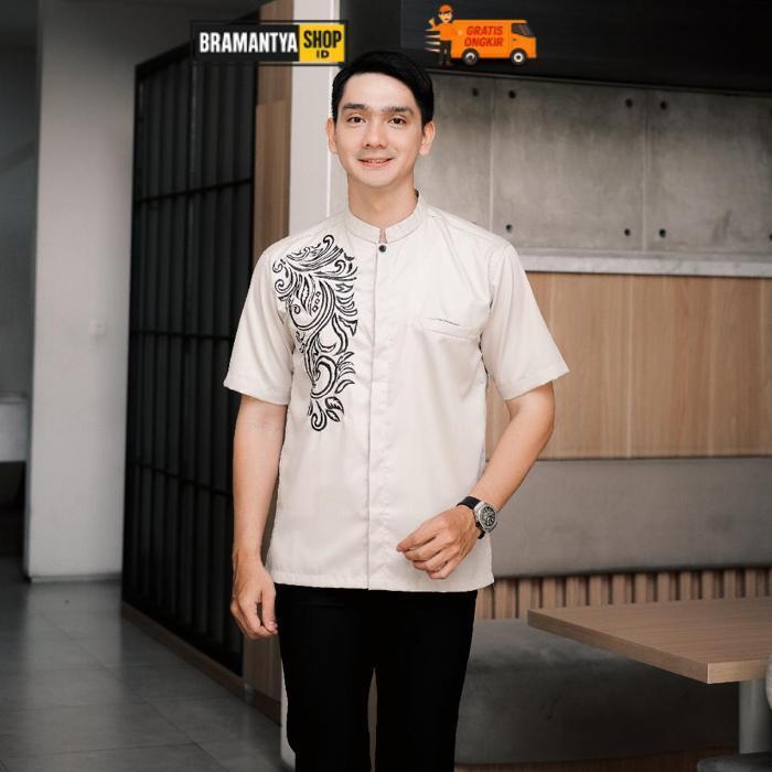 Murah Baju Koko Pria Lengan Pendek Kemeja Koko Bordir Gold Maru Hitam Dewasa