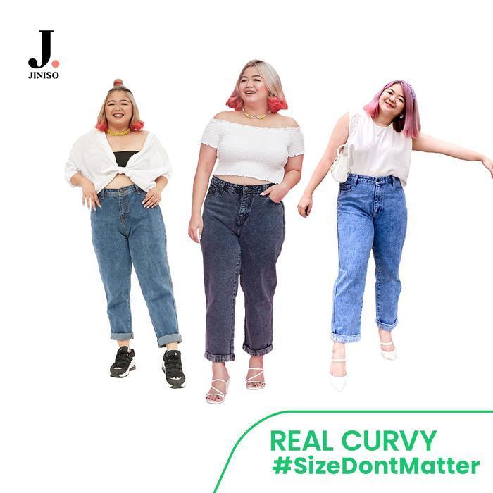 Bisa Cod - Real Curvy - Jiniso Jumbo Boyfriend Celana Jeans Wanita Warna Denim Highwaist