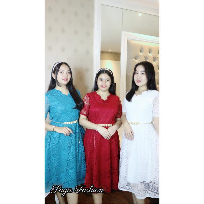 Bisa Cod - Dress Brokat Polos Non Gliter Free Belt Mutiara Gaun Pesta Kondangan Mewah 5150