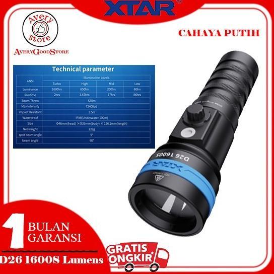 XTAR D26 1600S LUMENS, SENTER DIVING, HI BEAM 432M, FLASHLIGHT DIVING, SENTER SELAM