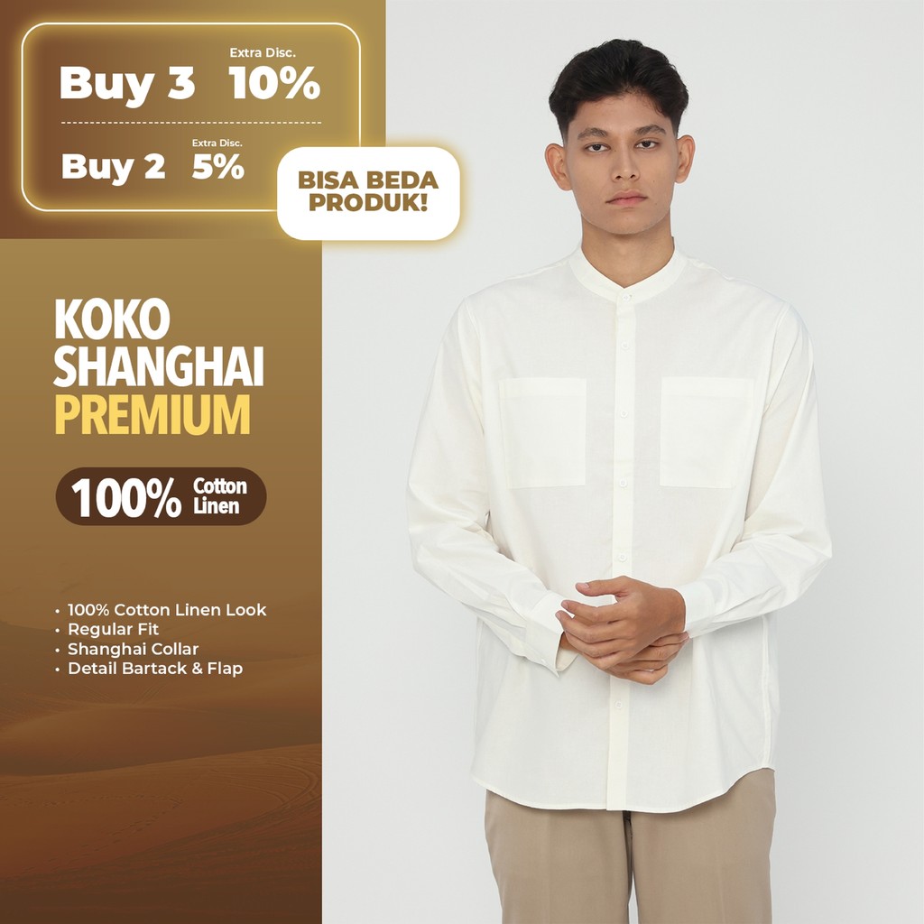Erigo Koko Shanghai Premium Long Sleeve Adli White - Baju Koko Lengan Panjang Premium Katun Linen Un