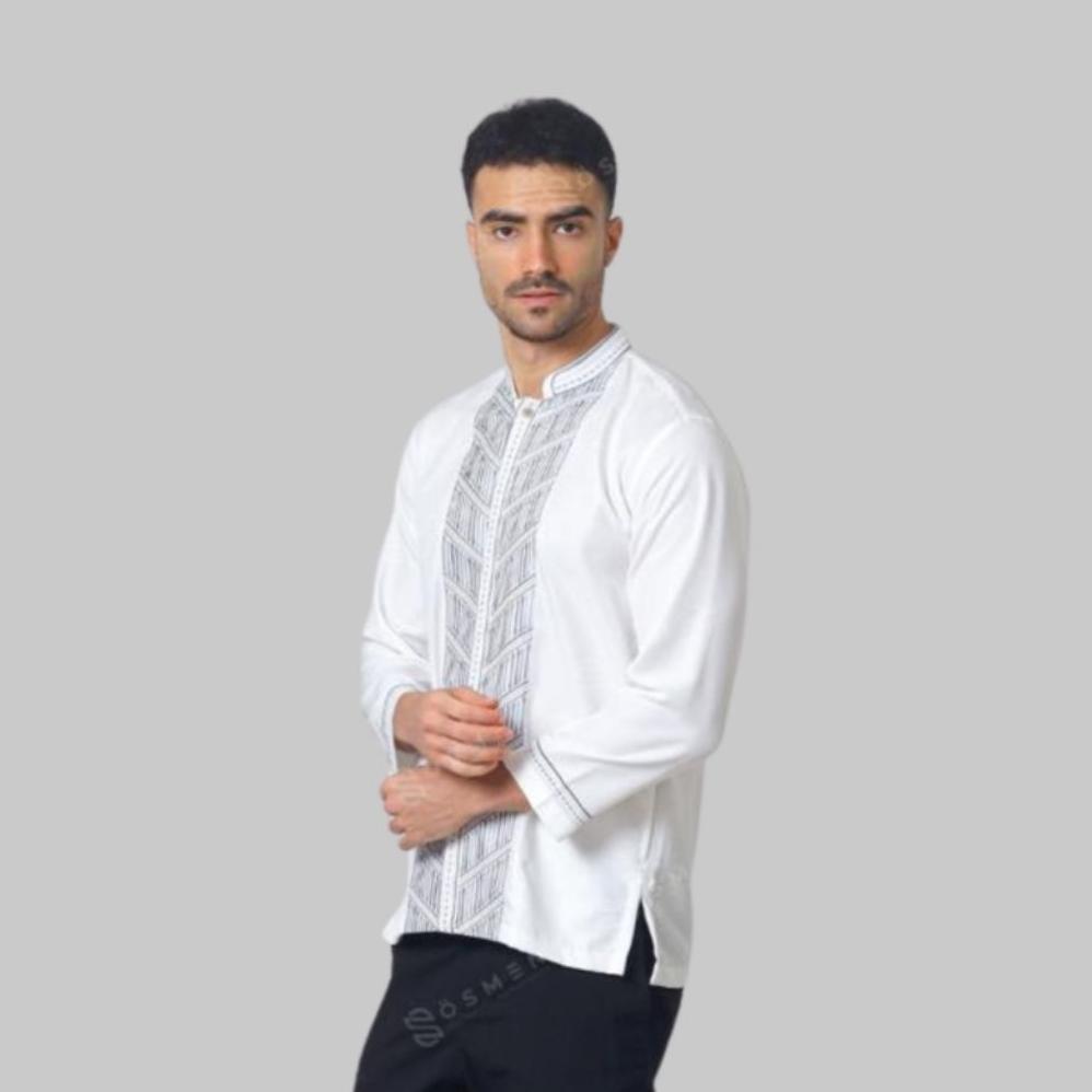 TERMURAH Baju koko muslim bordir lengan panjang putih tulang bahan sutra kenzi jaguar