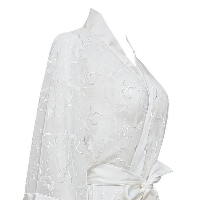TIWIE Kimono 01006 Baju Tidur Transparan Putih bahan Satin Motif Bunga Free Size