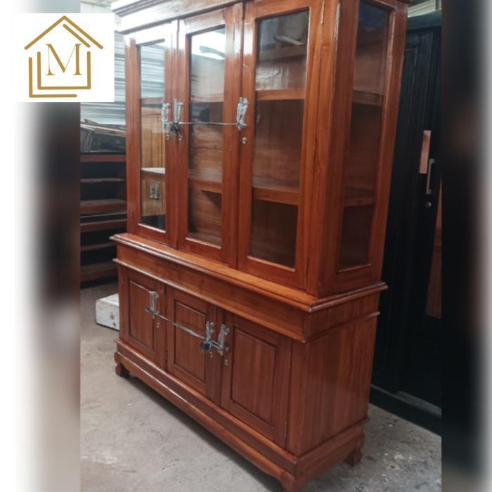 LEMARI PAJANGAN KAYU JATI 3 PINTU / LEMARI RAK BUKU KAYU JATI / PAJANGAN RAK BUKU SERBAGUNA / LEMARI