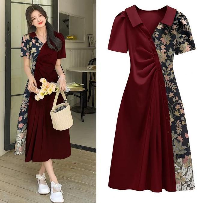 EFLUDOP Dress Batik Kantor Lengan Pendek Dress Kekinian Motif Pesta Kondangan Terbaru Dress Natal Mo