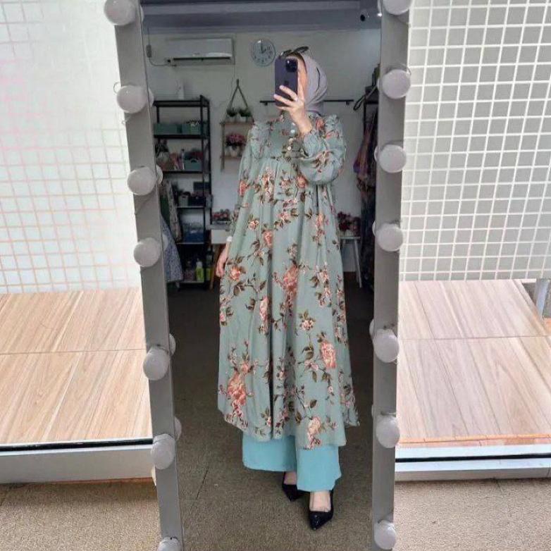 RAVIERACOLLCET SETELAN LONG TUNIK  MOTIF BUNGA JASMINE KECIL BAHAN RAYON DIAMOND CELANA CRINGKEL BER