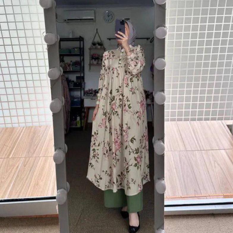 BRONIAGAID SETELAN LONG TUNIK  MOTIF BUNGA JASMINE KECIL BAHAN RAYON DIAMOND CELANA CRINGKEL PREMIUM