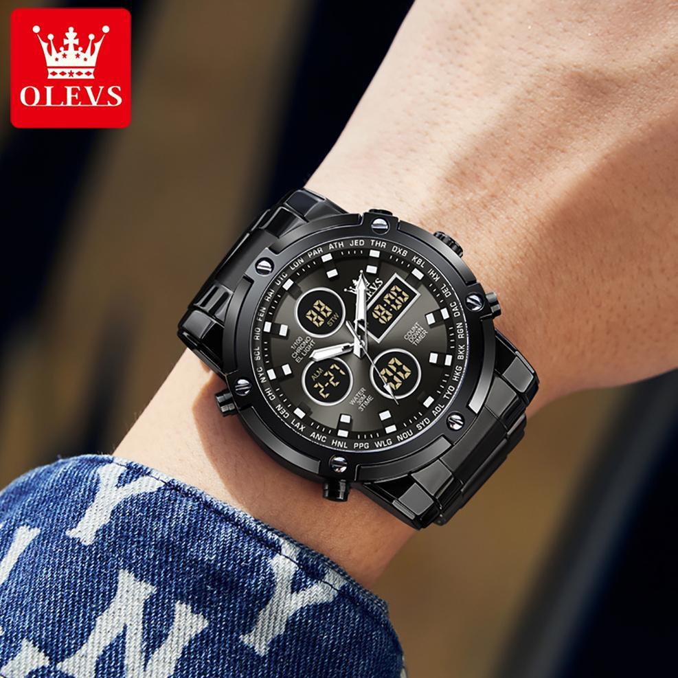 New Olevs Jam Tangan Pria Anti Air Original Multifungsi Luminous Kalender Alarm Analog Cowok Fashion