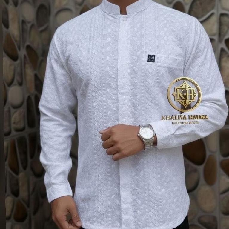 GARANSI Koko Bordir Full Katun Paris Putih Bersih Model Panjang Pendek | Koko Pria Putih