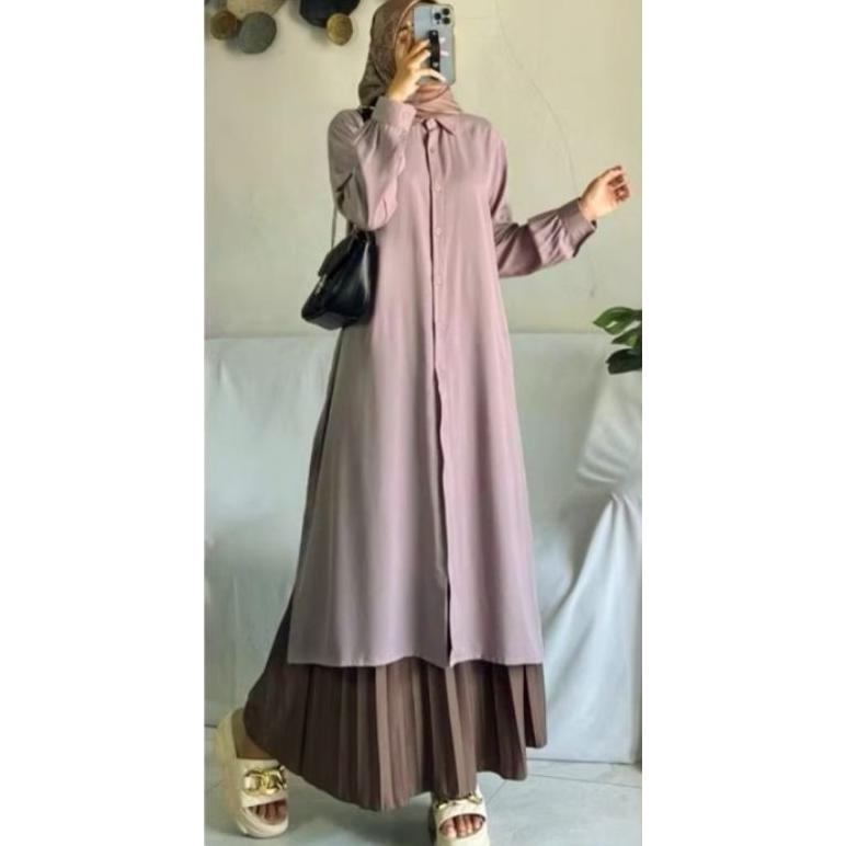HEMAT Gamis tunik Biru Lengan Panjang allsize standard ld 110 allsize jumbo ld 120 terbaru