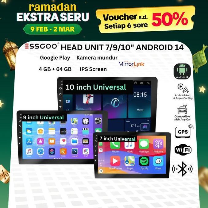 BERKUALITAS - ESSGOO Head Unit Android 14 mobil 4G+64G  7/9/10 Inch 2 Din Kontrol Suhu Cerdas IPS La