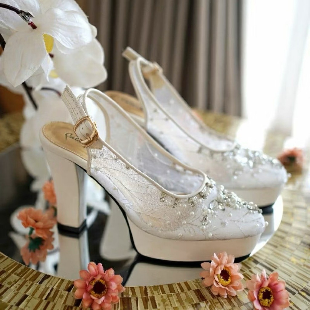 Deu_Calantha Sepatu Pesta Wanita Wedding Shoes Selop Ankle Strap Belle White Heels 10 Cm Size 36