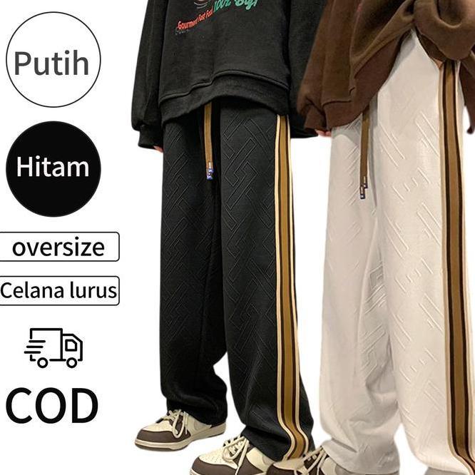 Celana Longgar Celana Celana Longgar Celana Pria Putih Hitam Gaya Korea Bergaris Kasual